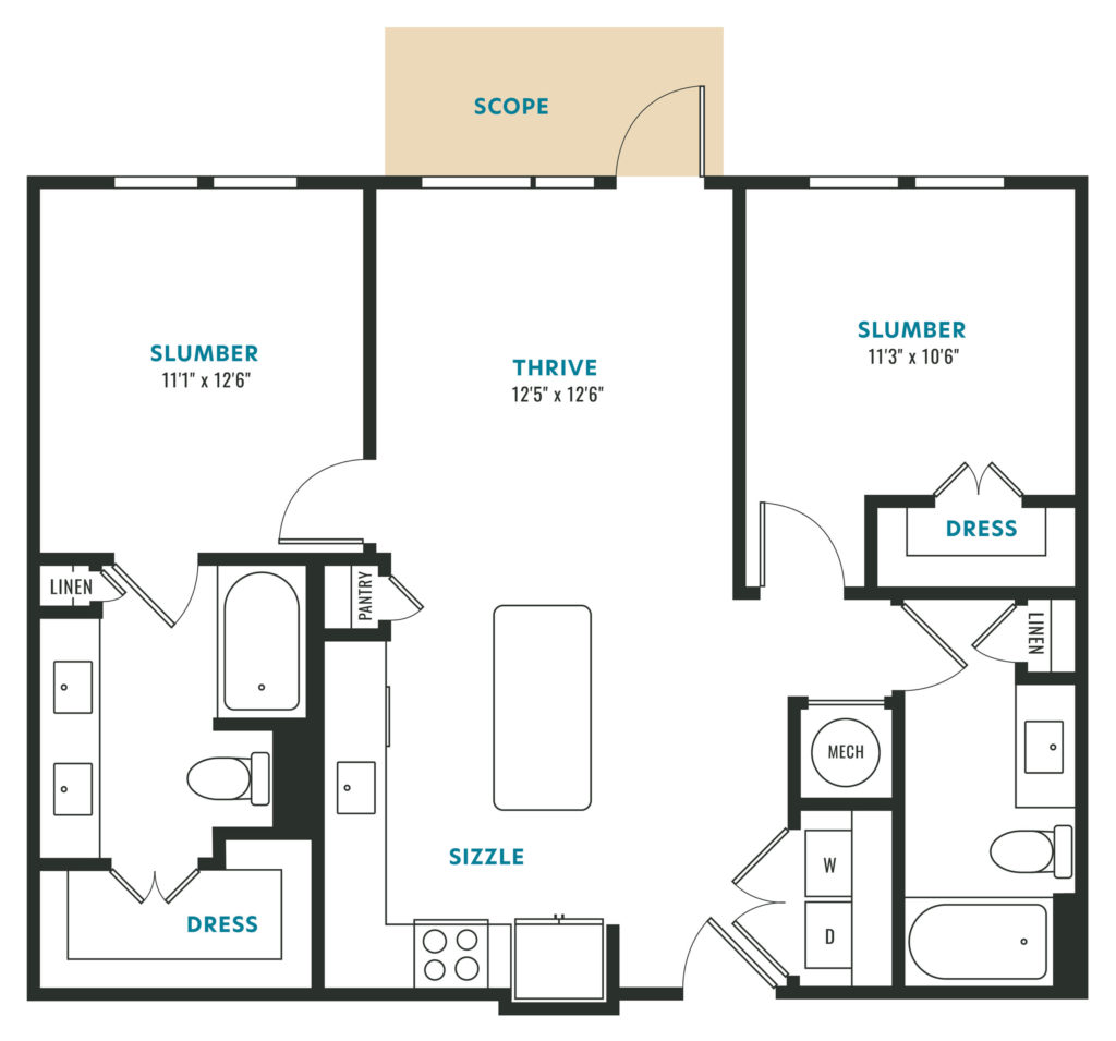 B2 Two-Bedroom Luxury Apartment Floor Plan