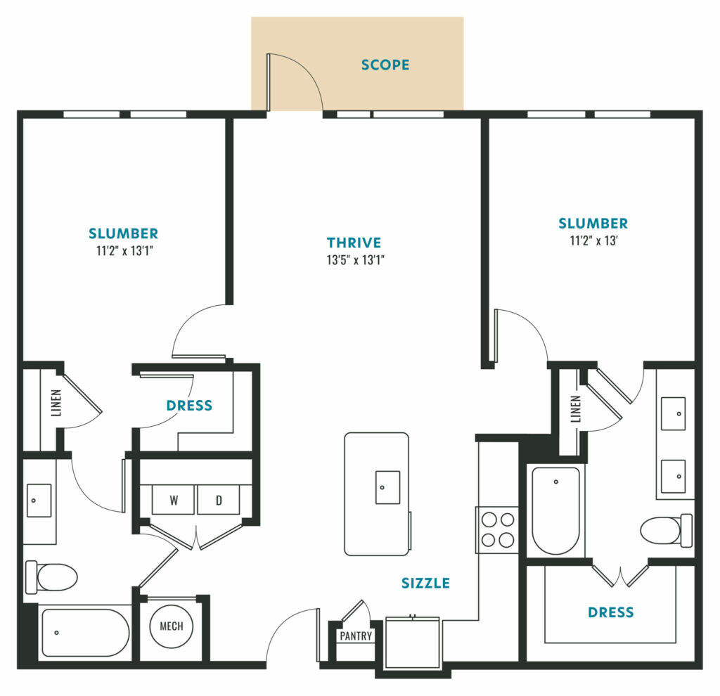 Awe-Inspiring Two-Bedroom Austin Apartments - B3 Two Bed/Two Bath Floor Plan